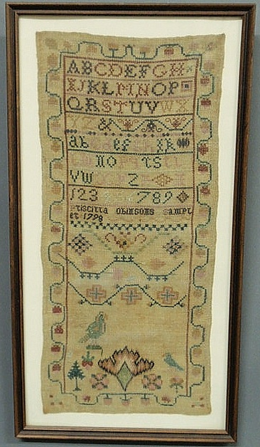 Appraisal: Silk on linen sampler wrought by Priscilla Robinson x