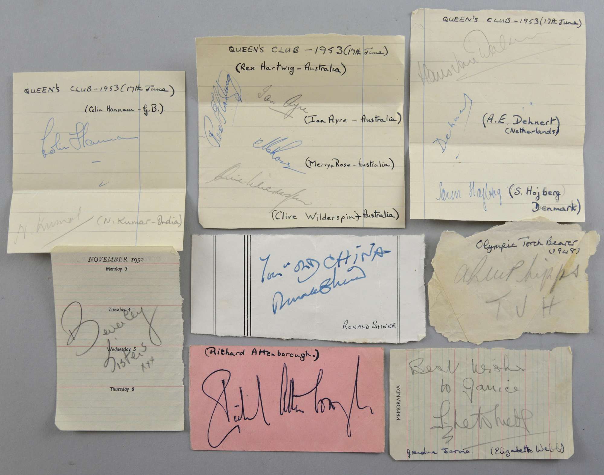 Appraisal: Autographs including Richard Attenborough Elizabeth Webb Ronald Shiner Tennis Queens