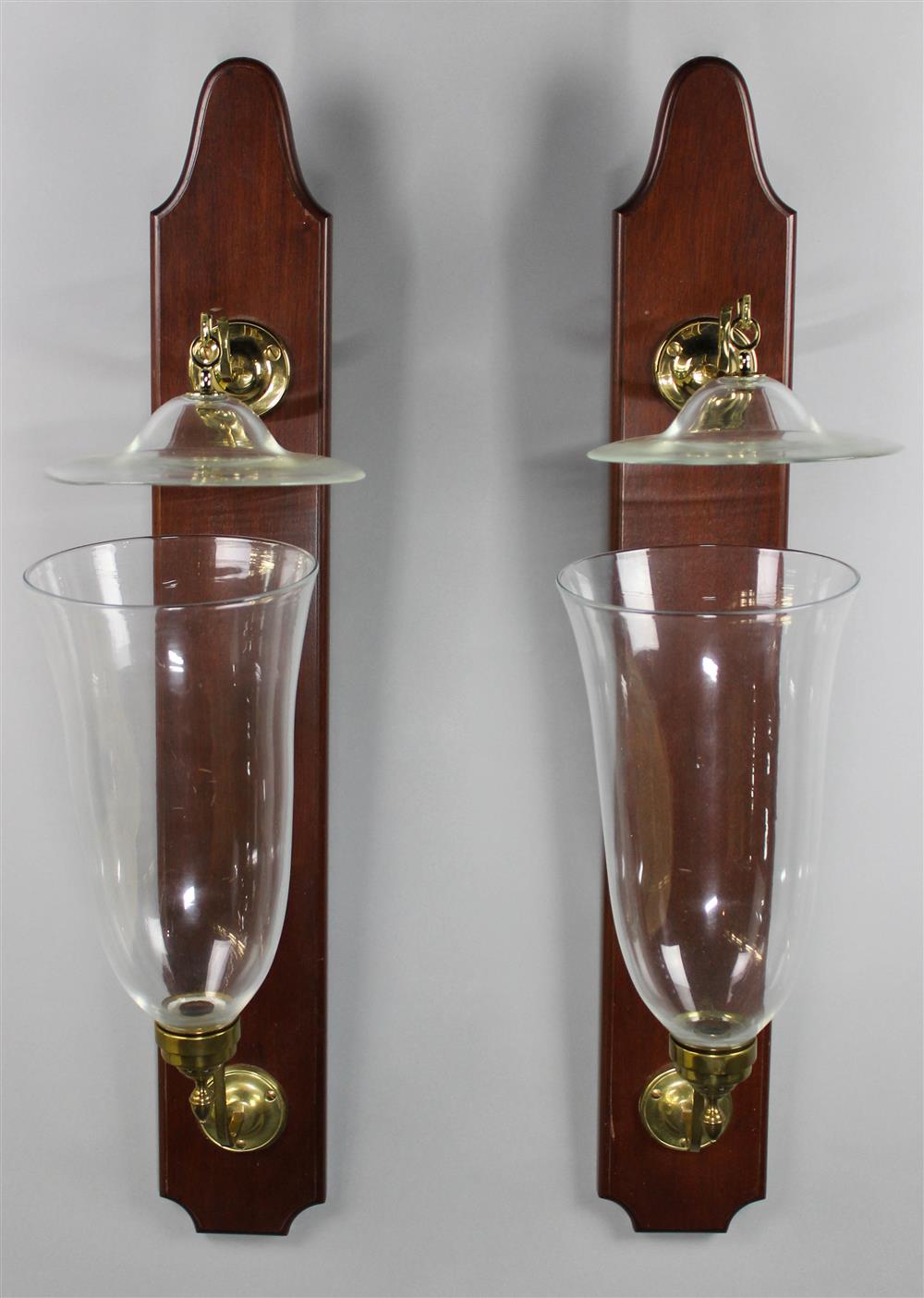 Appraisal: PAIR OF GLASS HURRICANE WALL SCONCES each mounted on a