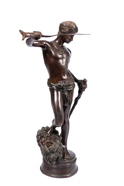 Appraisal: A patinated bronze figure of David after Michangelo height in