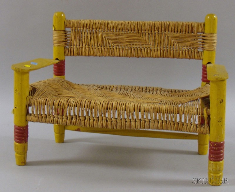 Appraisal: Miniature Painted Wooden Bench with Woven Rush Seat lg in