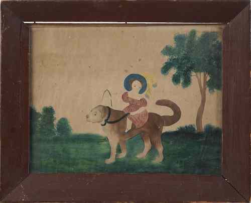 Appraisal: American watercolor folk painting of a child riding a dog