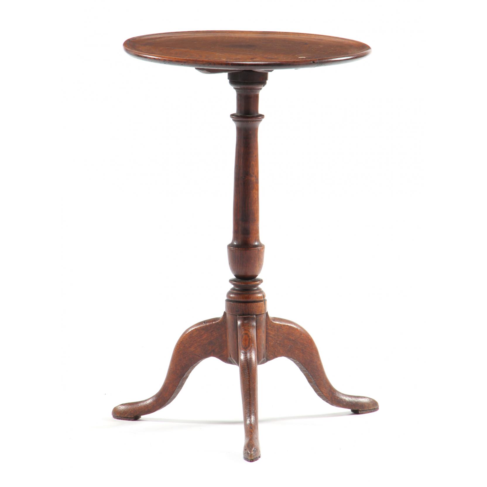 Appraisal: English Queen Anne Dishtop Candlestand th century oak molded and