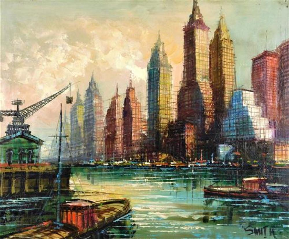 Appraisal: Mid-century Manhattan scene oil on canvas many skyscrapers line water's