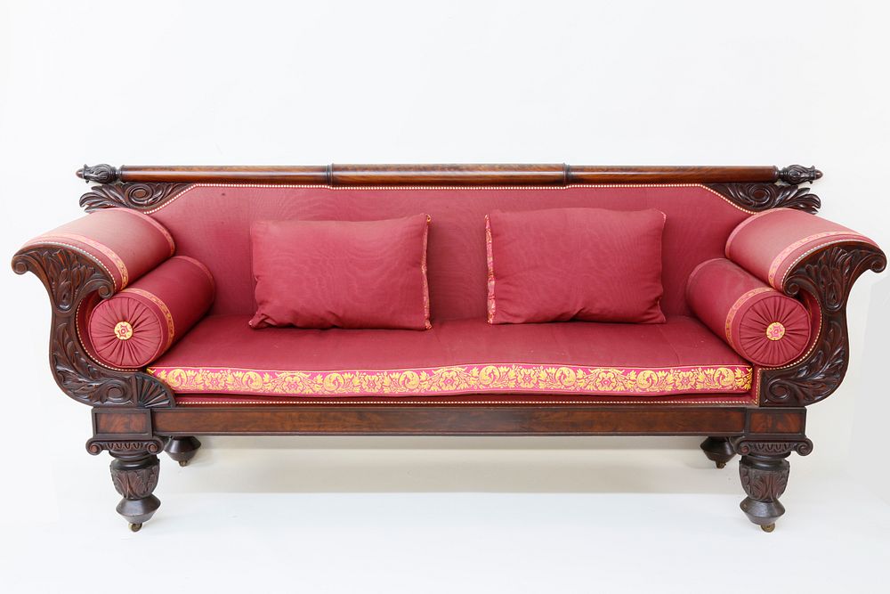 Appraisal: American Classical Carved Mahogany Sofa th Century American Classical Carved