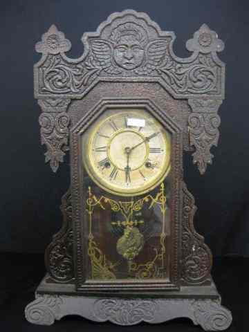 Appraisal: Waterbury Victorian Gingerbread Kitchenclock oak case stenciled glass door ''