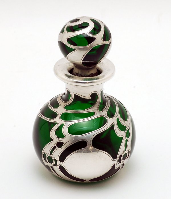 Appraisal: Art Nouveau sterling silver overlay perfume green glass with stylized