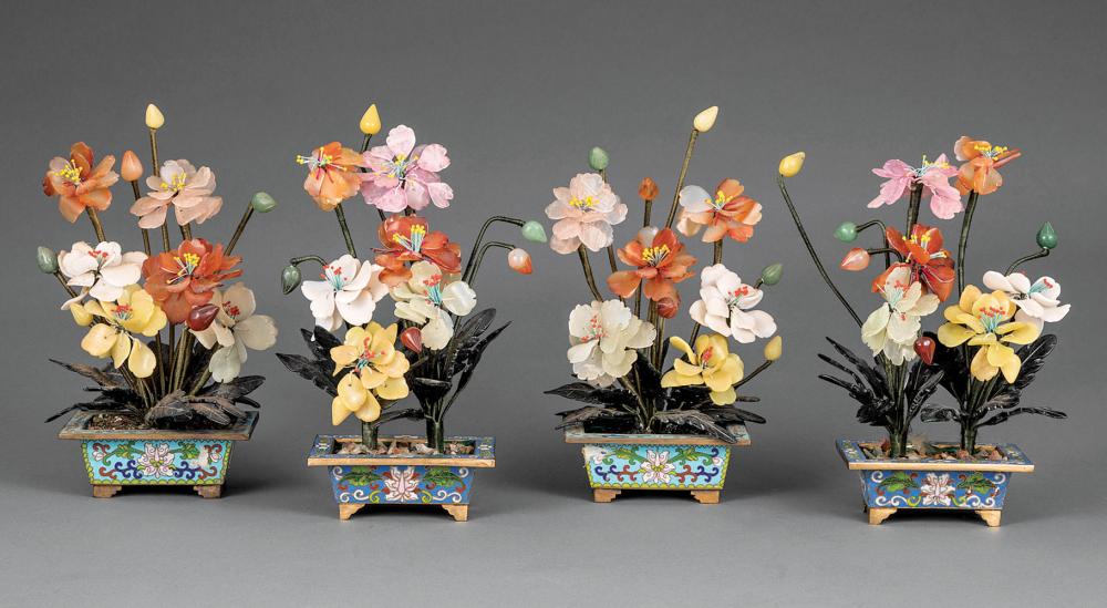 Appraisal: Two Pairs of Chinese Hardstone Trees in Cloisonn Enamel Pots