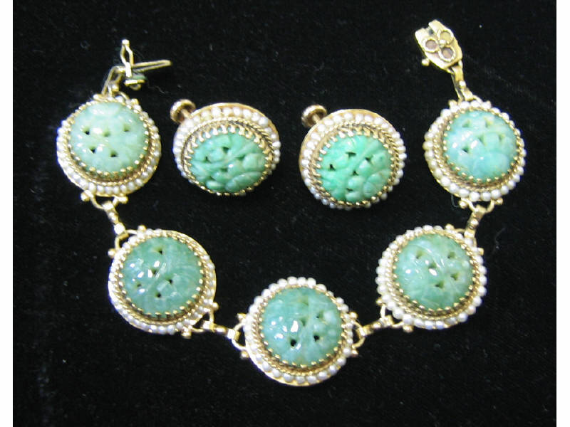 Appraisal: JADE AND SEED PEARL BRACELET AND EARRINGS k yellow gold