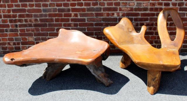 Appraisal: Teakwood Root Bench and Teak Root Chair Lot Includes a