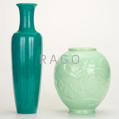 Appraisal: COWAN Two glazed vessels tall reeded vase in green-blue and