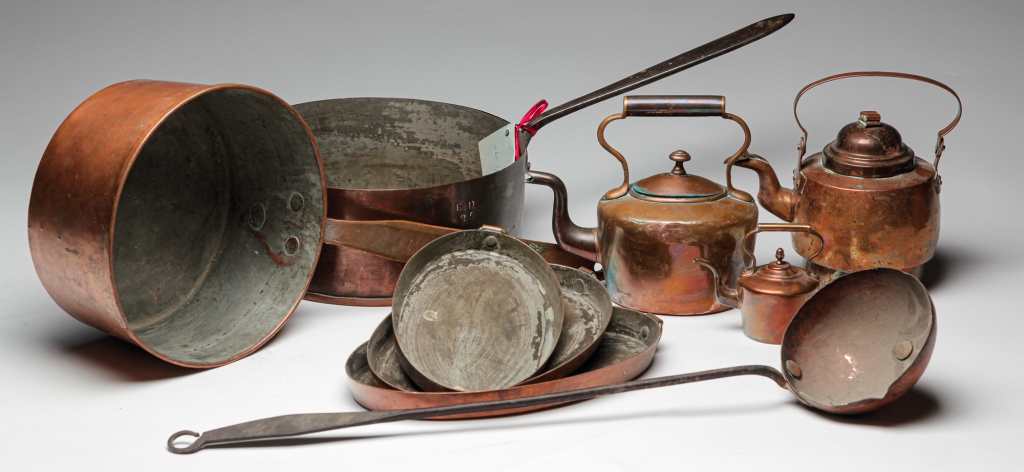 Appraisal: NINE PIECES OF KITCHEN COPPER Nineteenth century Two pans with