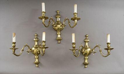 Appraisal: Three th Century-Style Brass Two-Light Wall Sconces x in