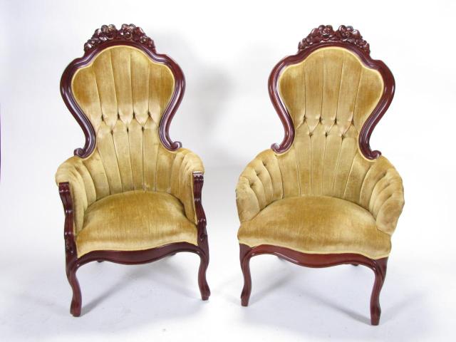 Appraisal: Pair of reproduction Victorian arm chairs tufted channeled back rose