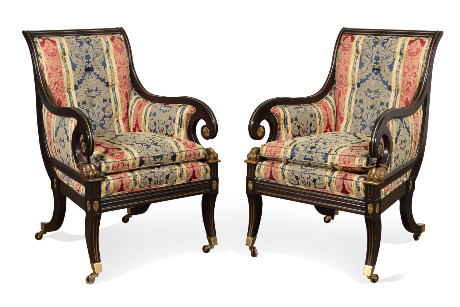 Appraisal: PAIR BAKER REGENCY STYLE EBONIZED LIBRARY CHAIRS Pair of Baker