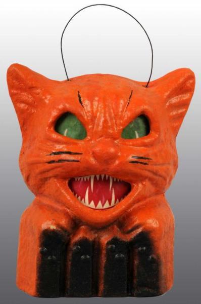 Appraisal: Pulp Halloween Orange Cat on Fence Jack-O-Lantern Condition Excellent Size