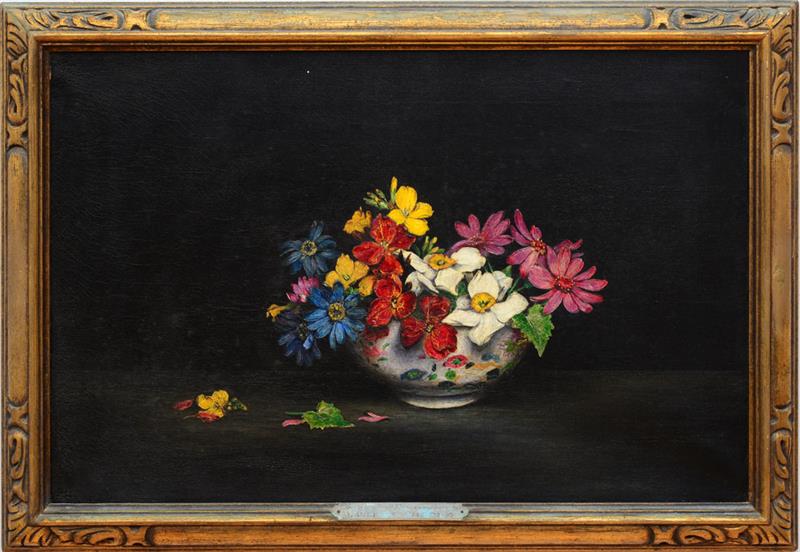 Appraisal: LAURENCE BIDDLE - BOWL WITH FLOWERS Oil on canvas signed