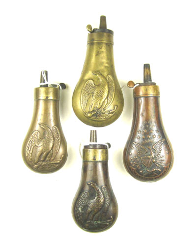 Appraisal: FOUR SMALL FLASKS WITH EAGLES two copper and one brass