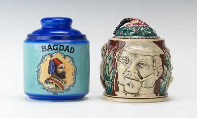 Appraisal: Two Tobacco Humidors Bagdad Tri-Face Glazed ceramic humidor with a