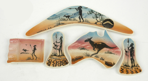 Appraisal: ELAYNE POTTERY Five ceramic dishes each painted with an Indigenous