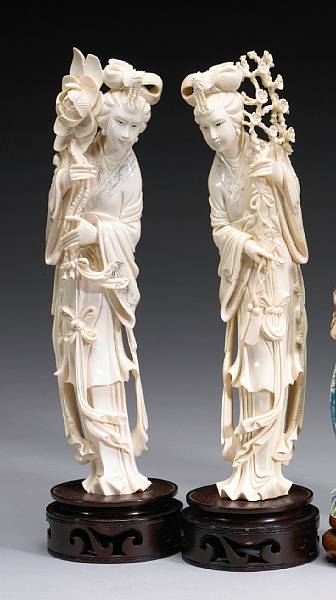 Appraisal: Ivory Carvings Each heavenly maiden wearing volumninous ribbon-tied robes with