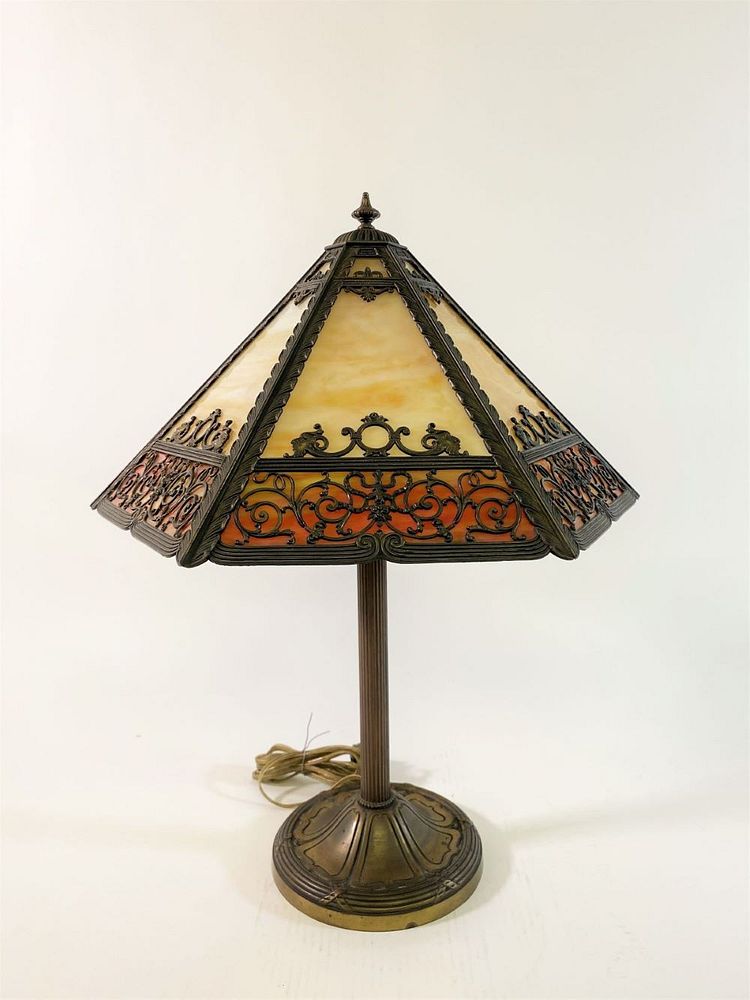 Appraisal: Slag Glass Table Lamp Slag glass table lamp with bronze