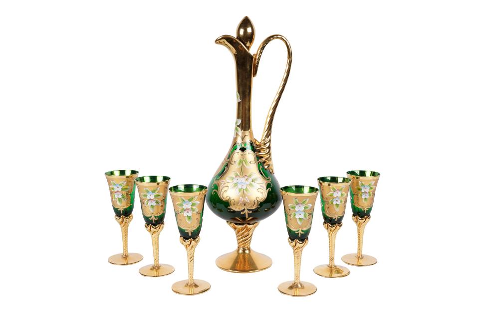 Appraisal: ENAMELED GLASS BOHEMIAN STYLE DRINK SETcomprising a decanter and six