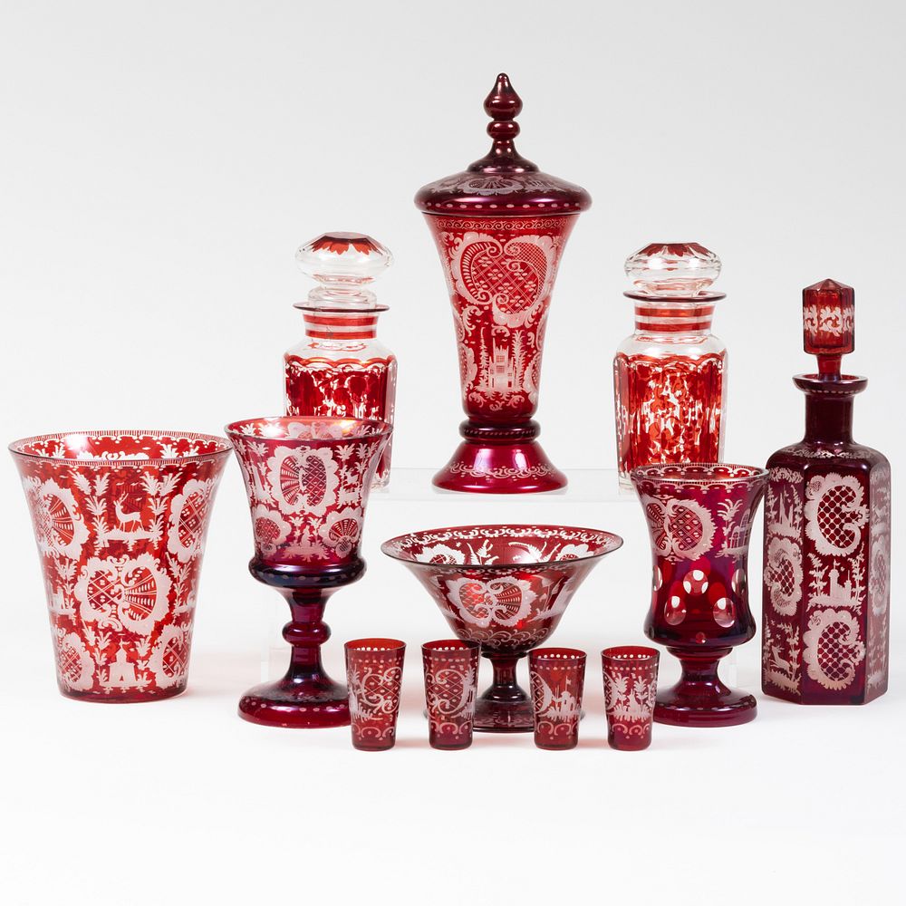 Appraisal: Group of Bohemian Red Overlay Glass Articles Comprising A cup