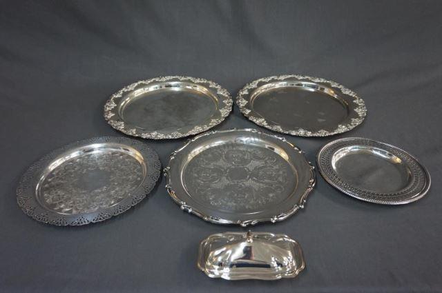 Appraisal: Silverplate Serving Platters Trays Butter Dish All appear to be