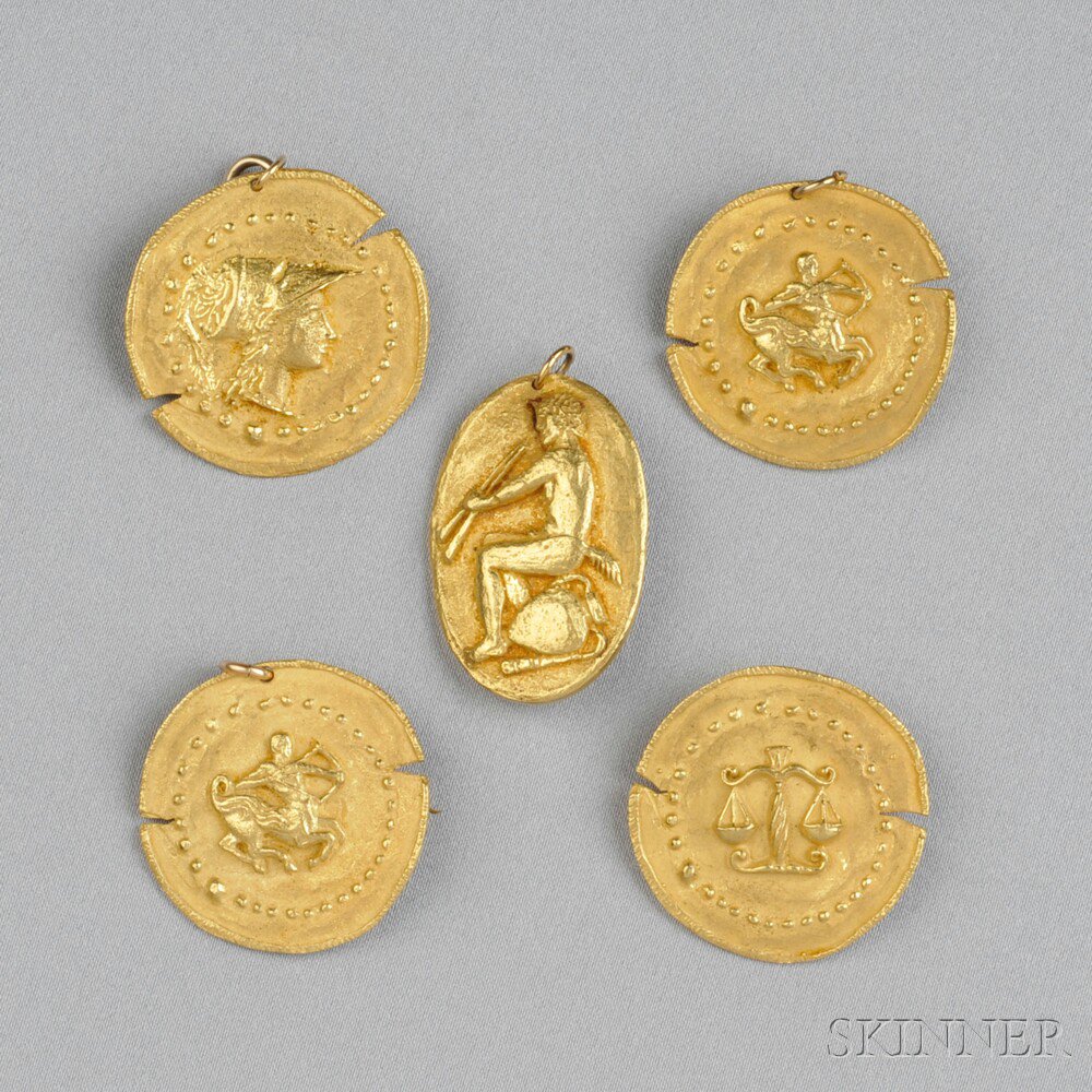 Appraisal: Group of Five kt Gold Pendant Brooches depicting zodiac or