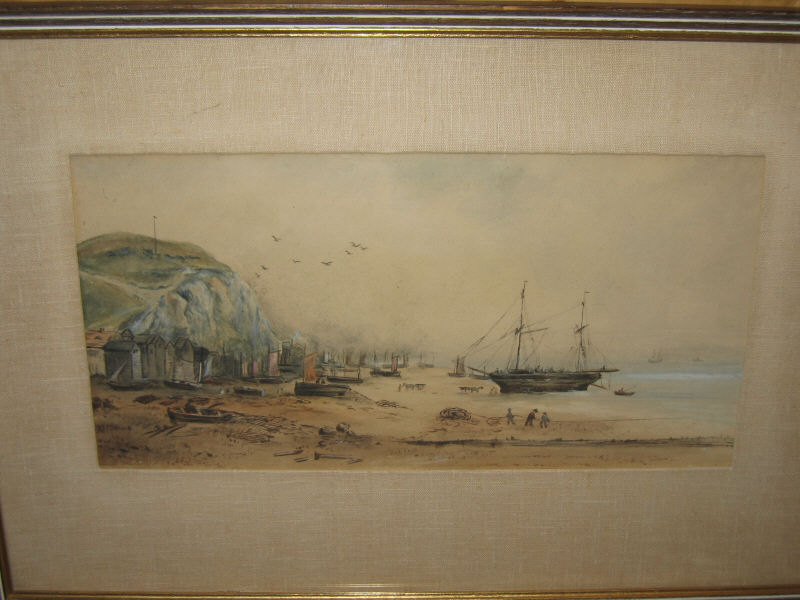 Appraisal: TH CENTURY Shoreline with cliffs and fishing village watercolor on