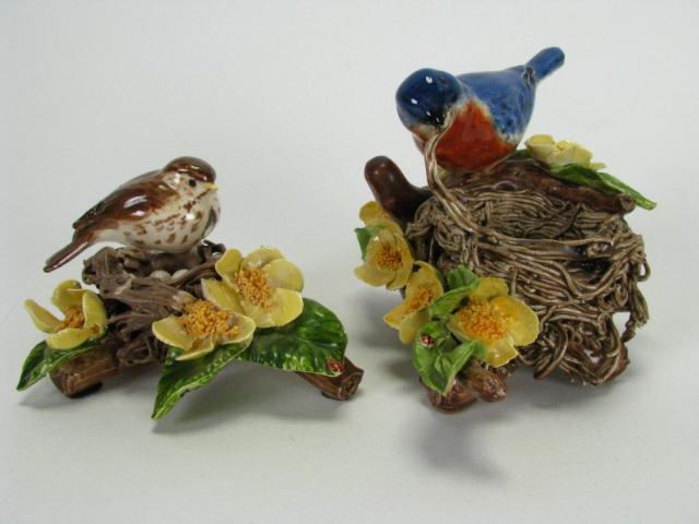 Appraisal: Two Barbara Kuhlman Richmond IN handcrafted ceramic bird-in-nest figures each