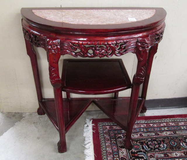 Appraisal: CHINESE DEMILUNE CONSOLE TABLE having a semicircular inset marble top