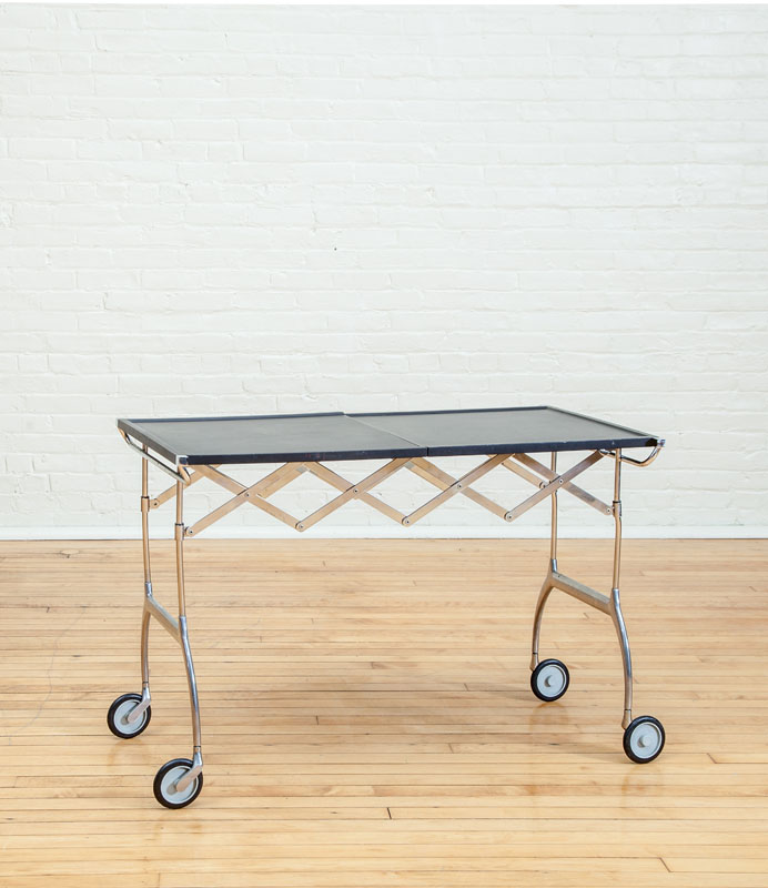 Appraisal: CONTEMPORARY FOLDING METAL AND BLACK-PAINTED COMPOSITION ROLLING TABLE x x