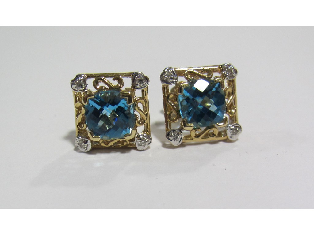 Appraisal: Pair of ct gold blue topaz and diamond set square