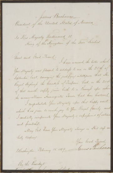 Appraisal: BUCHANAN JAMES Letter Signed as President to Ferdinand II King