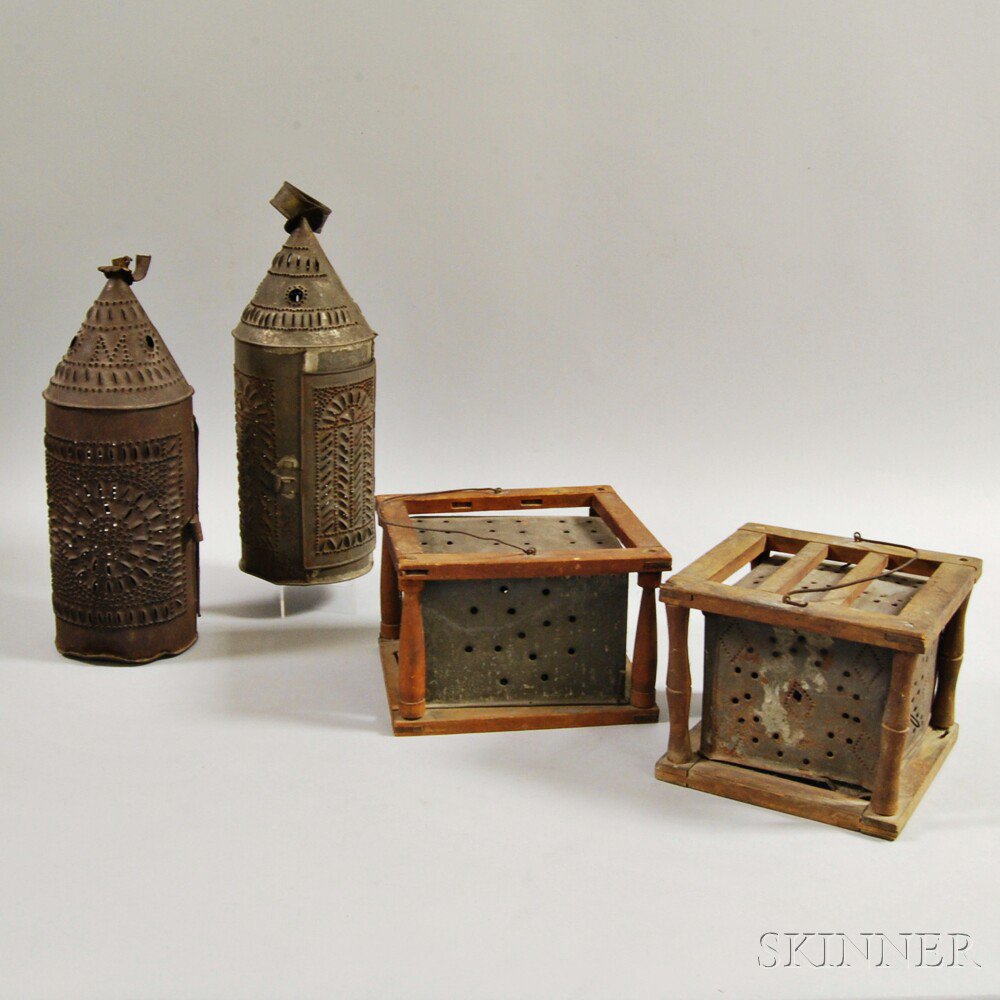 Appraisal: Two Footwarmers and Two Pierced Tin Lanterns early th century