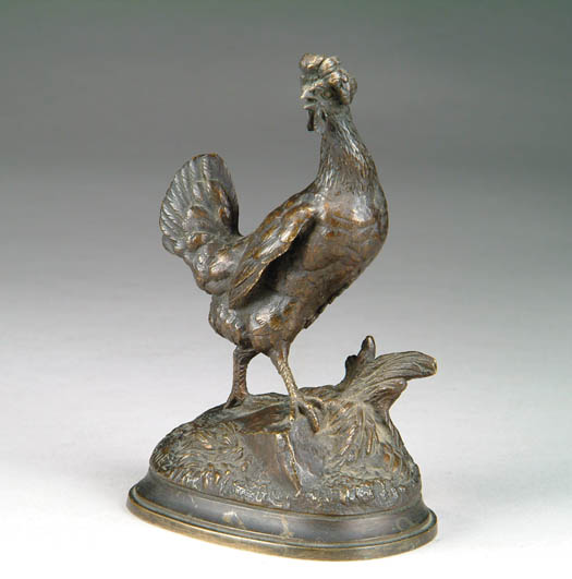 Appraisal: JULES MOIGNIEZ French - FIGHTING COCK Small bronze shows tall