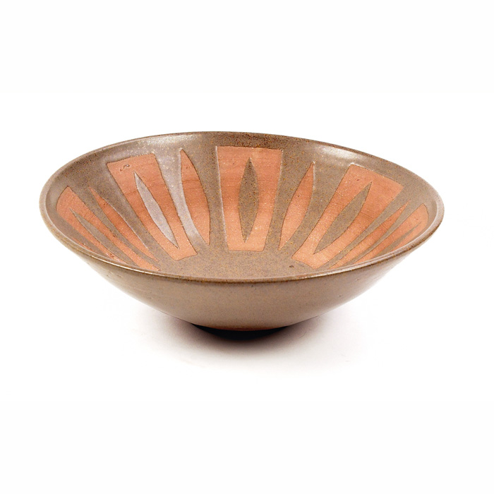 Appraisal: Clyde Burt bowl stoneware brown glaze with geometric wax relief