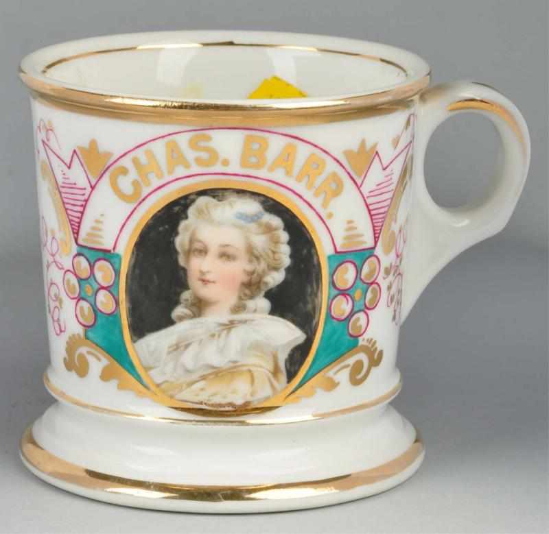 Appraisal: Portrait of Beautifully Dressed Woman Shaving Mug Description Gilt name