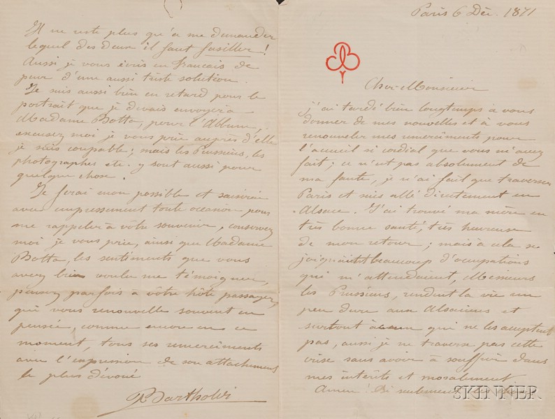 Appraisal: Bartholdi Frederic A - Autograph letter signed Paris December th