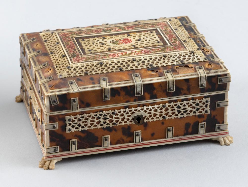 Appraisal: TORTOISE SHELL AND IVORY LIDDED BOX TH CENTURY HEIGHT WIDTH