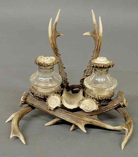 Appraisal: Continental stag horn inkstand c with cut glass inkwells h