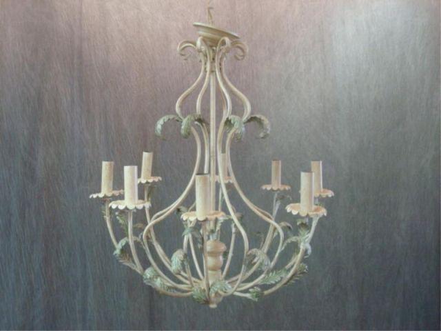 Appraisal: Arm Feather Form Chandelier Painted Ivory and Green