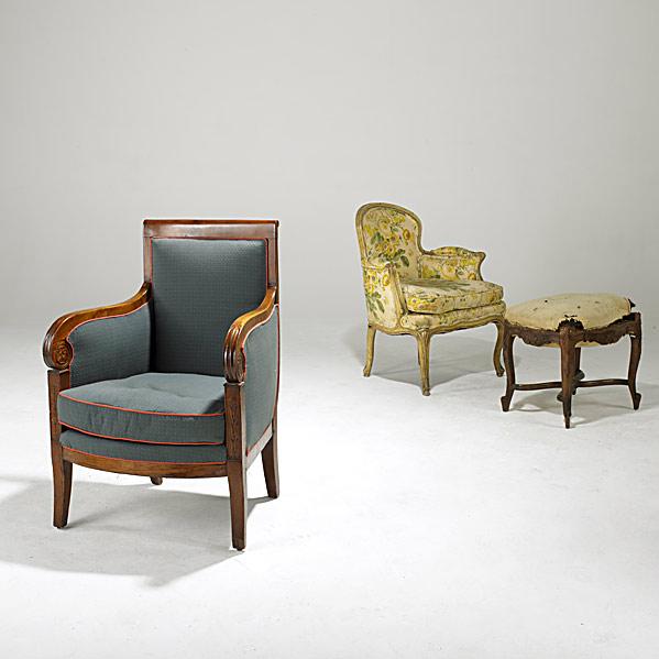 Appraisal: FURNITURE GROUPINGThree pieces Biedermeier armchair Louis XV style armchair and