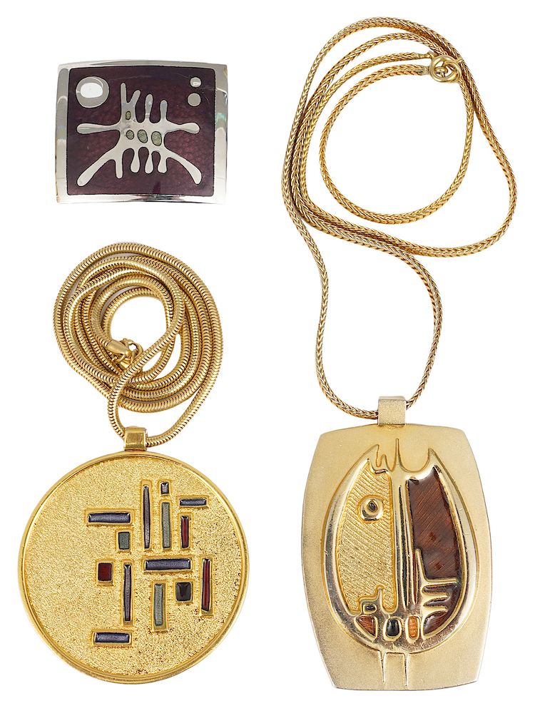 Appraisal: De Passille Gold Pendants and Silver Pin De Passille Sylvestre