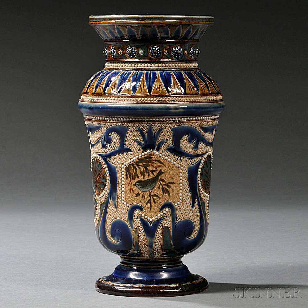 Appraisal: Doulton Lambeth Florence Barlow Decorated Stoneware Vase England hexagonal cartouches