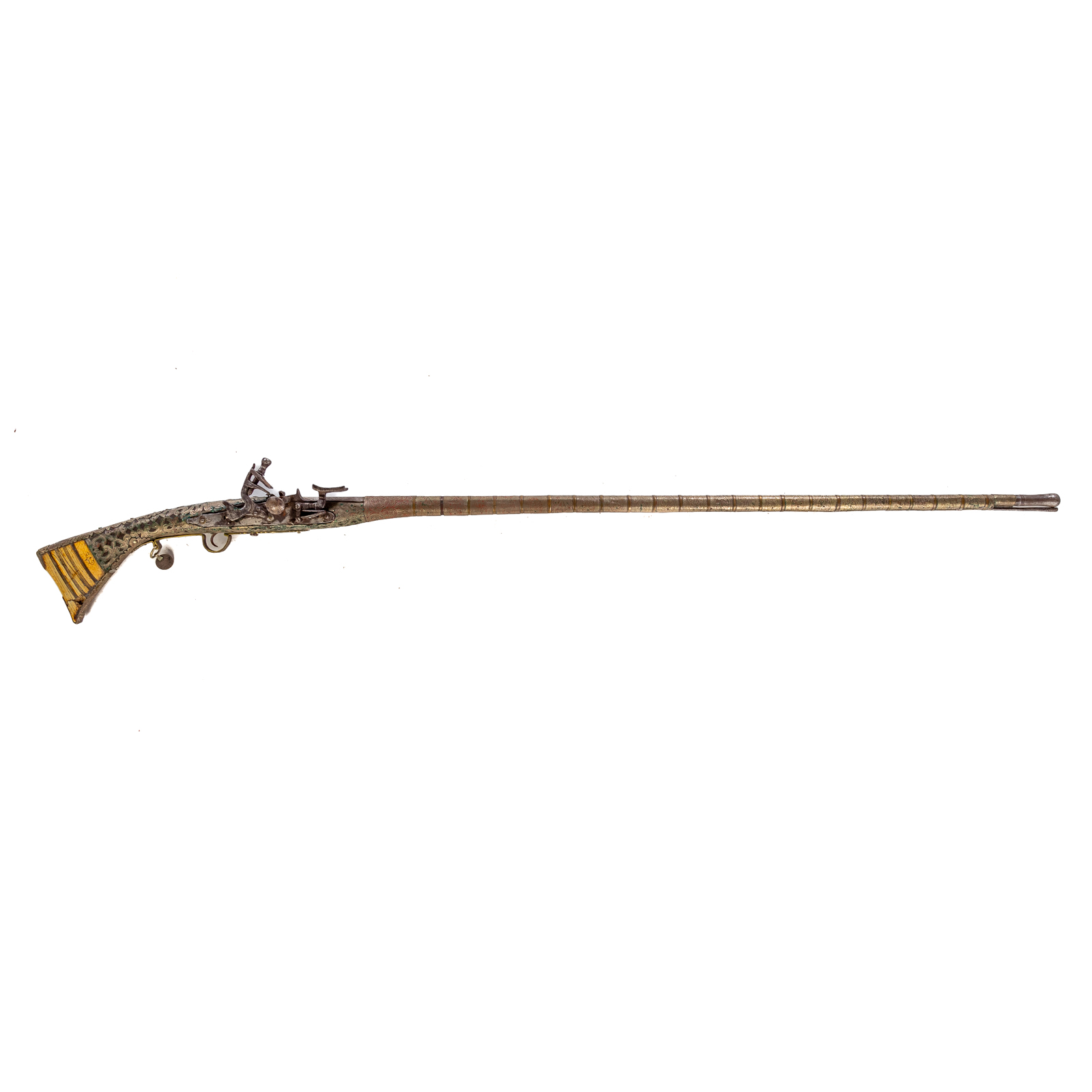 Appraisal: ORNATE ARABIC FLINTLOCK LONG GUN Heavily banded barrel bone stock