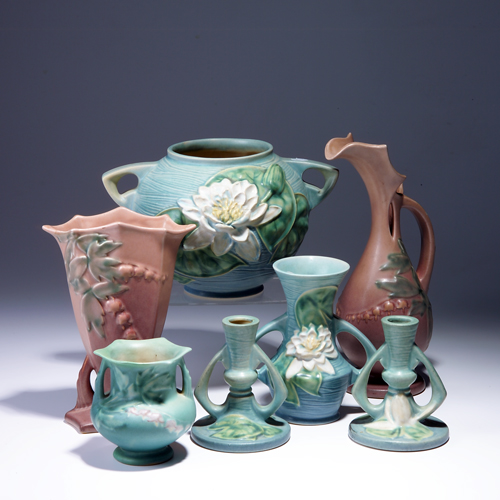 Appraisal: Seven ROSEVILLE pieces to include a pink Bleeding Heart ewer