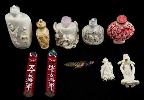 Appraisal: GROUP OF SMALL DECORATIONS including a composite case snuff bottle